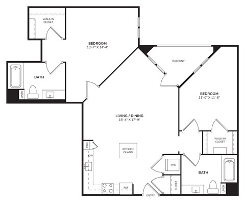 Floor plan for 2 beds, 2 baths, 1113 sqft