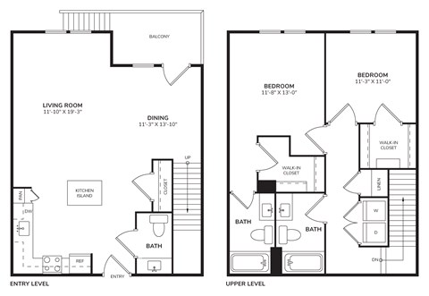 Floor plan for 2 beds, 2.5 baths, 1370 sqft