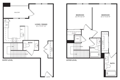 Floor plan for 2 beds, 2.5 baths, 1247 sqft