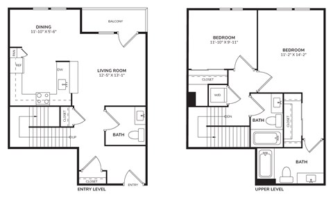 Floor plan for 2 beds, 2.5 baths, 1269 sqft