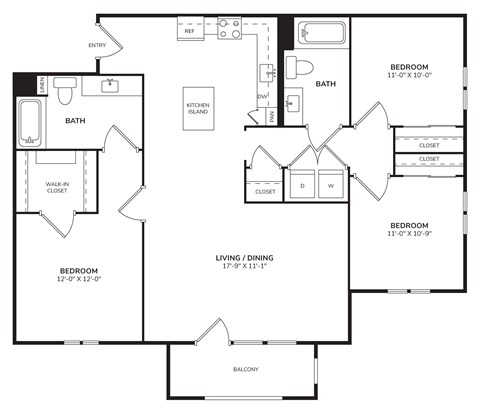 Floor plan for 3 beds, 2 baths, 1276 sqft