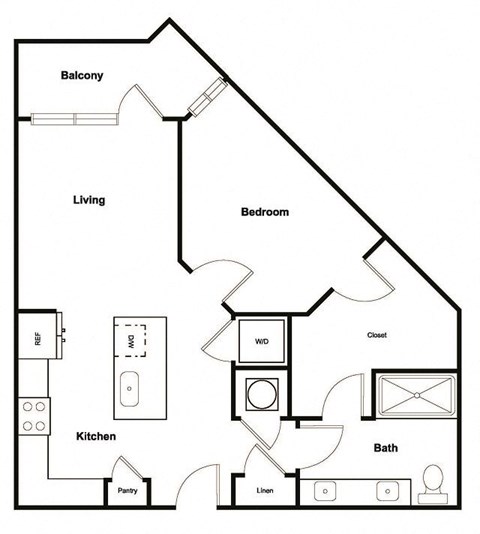 Floor plan for 1 bed, 1 bath, 764 sqft
