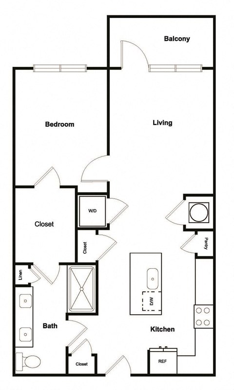 Floor plan for 1 bed, 1 bath, 808 sqft