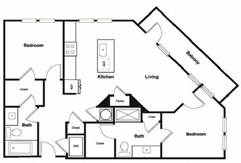 Floor plan for 2 beds, 2 baths, 1075 sqft