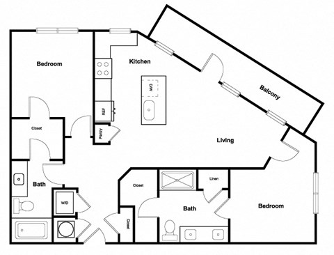 Floor plan for 2 beds, 2 baths, 1136 sqft