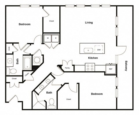 Floor plan for 2 beds, 2 baths, 1284 sqft