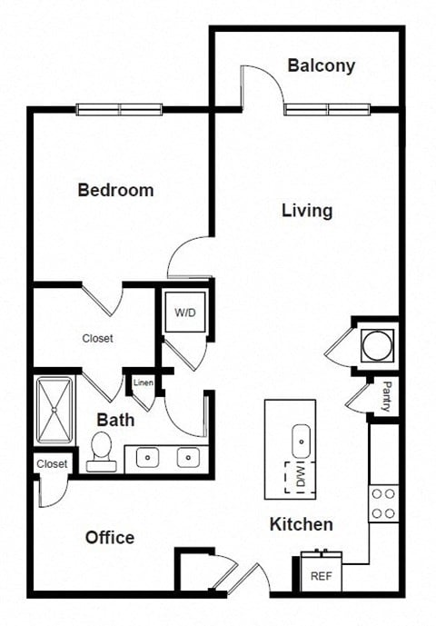 Floor plan for 1 bed, 1 bath, 921 sqft