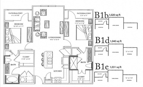 Floor plan for 2 beds, 2 baths, 1020 sqft