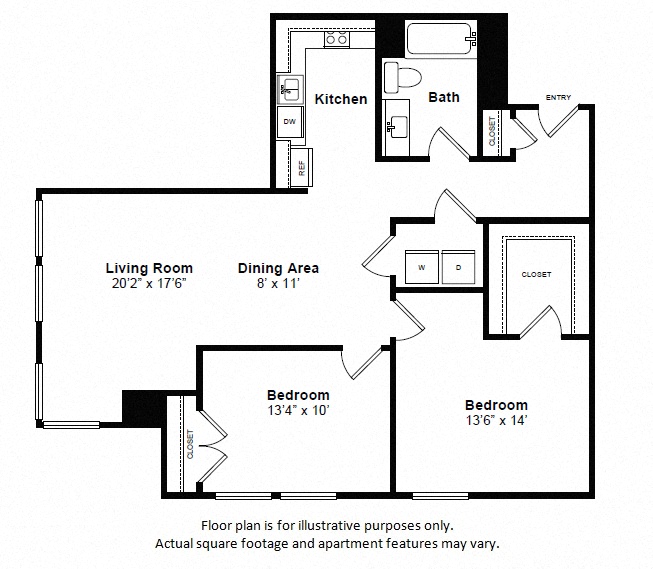 Floor plan for 2 beds, 1 bath, 952 sqft