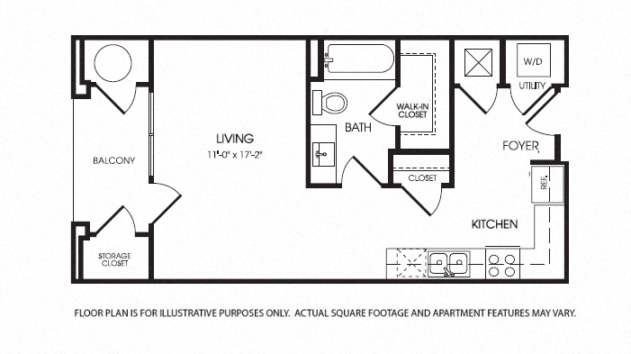 Floor plan for studio, 1 bath, 580 sqft