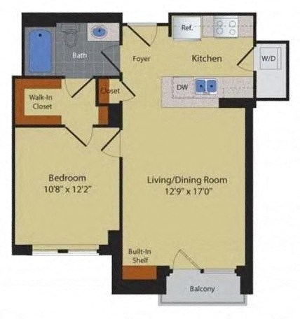 Floor plan for 1 bed, 1 bath, 843 sqft