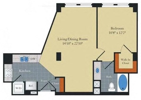 Floor plan for 1 bed, 1 bath, 724 sqft