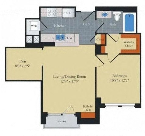 Floor plan for 1 bed, 1 bath, 740 sqft