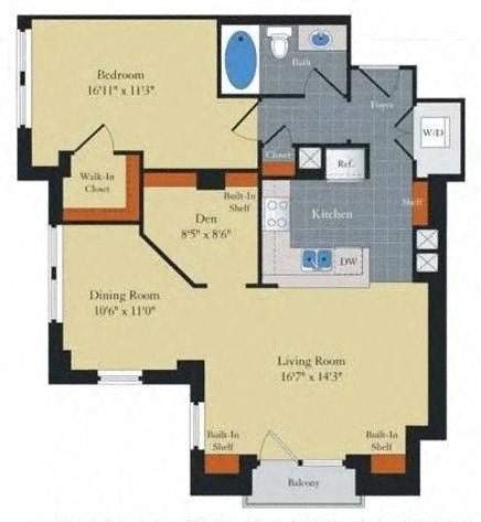 Floor plan for 1 bed, 1 bath, 910 sqft