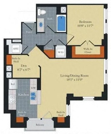 Floor plan for 1 bed, 1 bath, 837 sqft