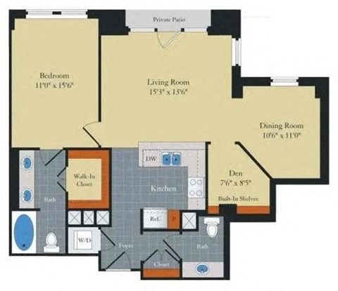 Floor plan for 1 bed, 2 baths, 968 sqft