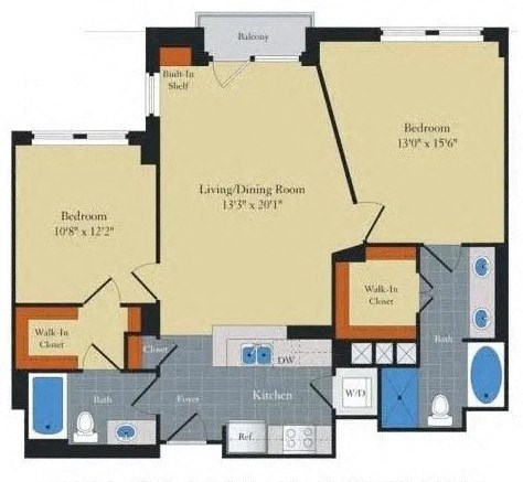 Floor plan for 2 beds, 2 baths, 1098 sqft
