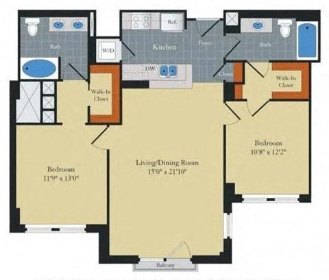 Floor plan for 2 beds, 2 baths, 1068 sqft