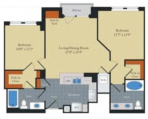 Floor plan for 2 beds, 2 baths, 1018 sqft