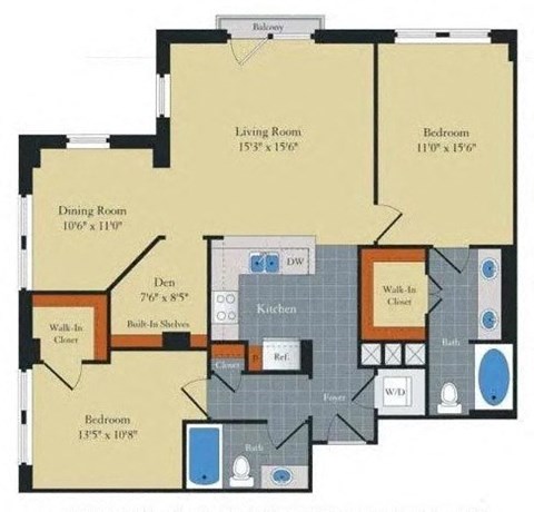 Floor plan for 2 beds, 2 baths, 1213 sqft