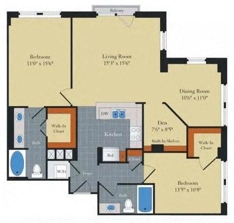 Floor plan for 2 beds, 2 baths, 1155 sqft