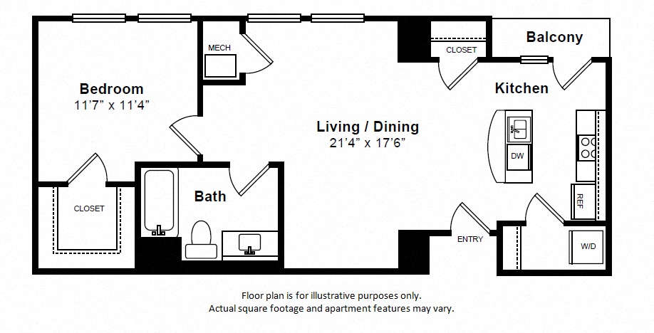 Floor plan for 1 bed, 1 bath, 738 sqft