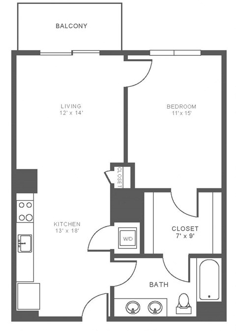 Floor plan for 1 bed, 1 bath, 787 sqft