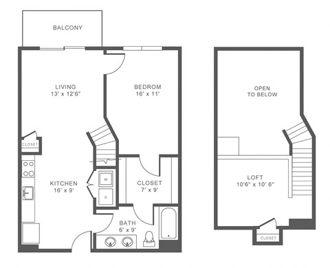 Floor plan for 1 bed, 1 bath, 917 sqft