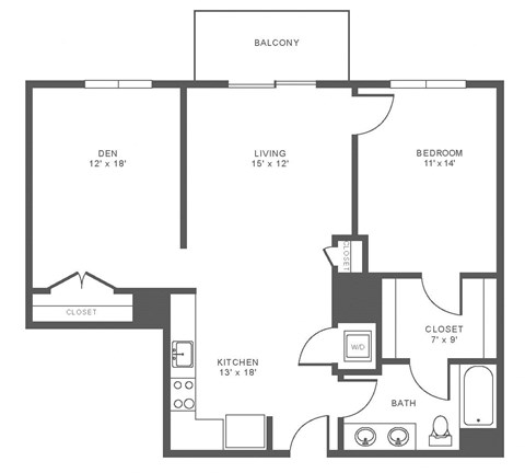 Floor plan for 1 bed, 1 bath, 993 sqft