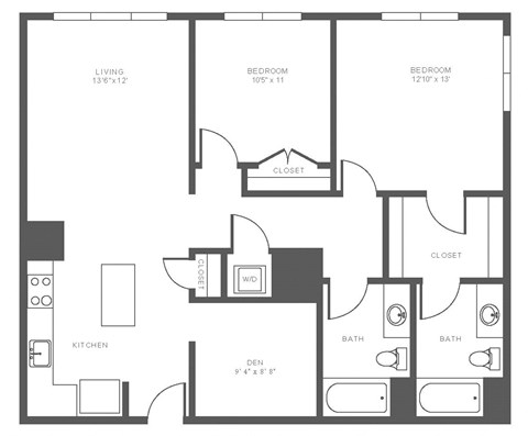 Floor plan for 2 beds, 2 baths, 1186 sqft