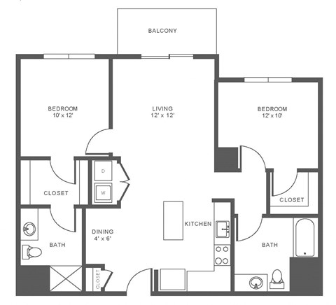 Floor plan for 2 beds, 2 baths, 1087 sqft