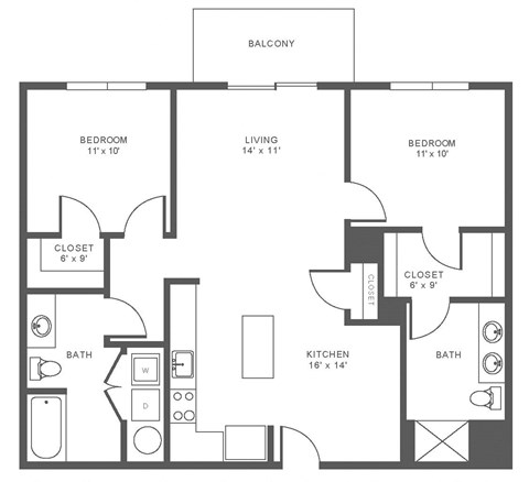 Floor plan for 2 beds, 2 baths, 1105 sqft