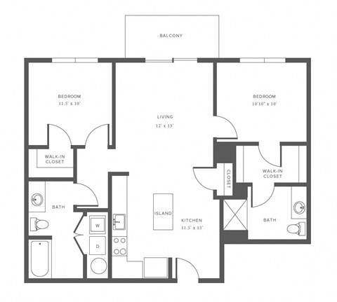 Floor plan for 2 beds, 2 baths, 1043 sqft