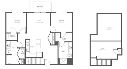 Floor plan for 2 beds, 2 baths, 1256 sqft