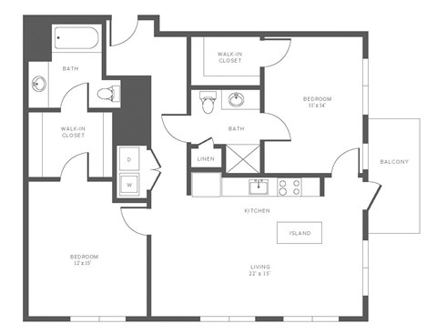 Floor plan for 2 beds, 2 baths, 1157 sqft
