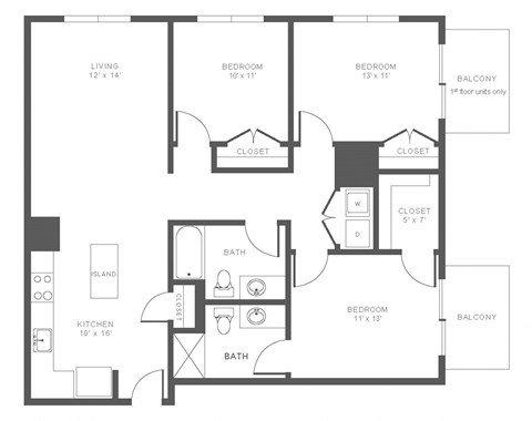 Floor plan for 3 beds, 2 baths, 1242 sqft
