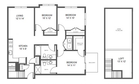 Floor plan for 3 beds, 2 baths, 1388 sqft