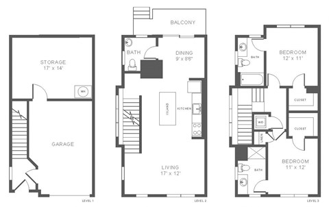 Floor plan for 2 beds, 2.5 baths, 1386 sqft