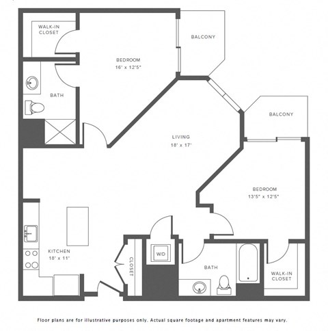 Floor plan for 2 beds, 2 baths, 1106 sqft