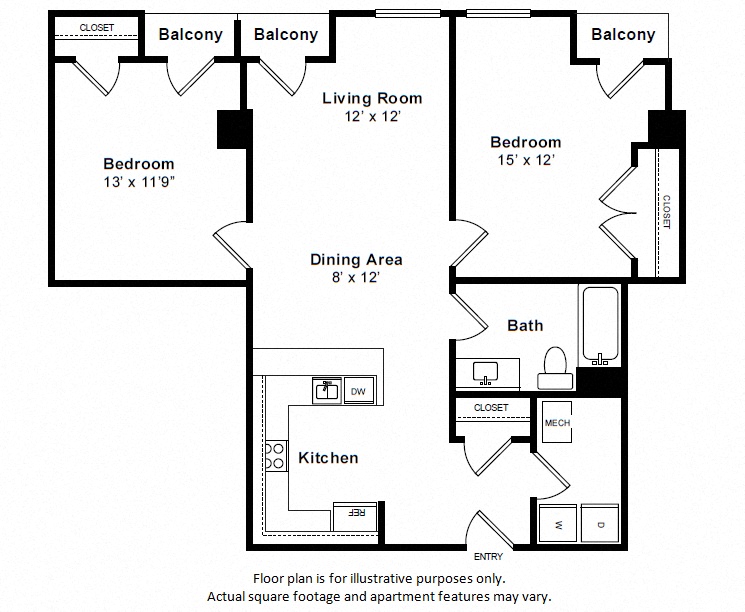 Floor plan for 2 beds, 1 bath, 906 sqft