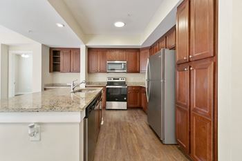 Granite slab countertops and custom cabinetry,