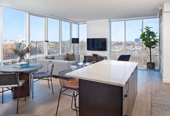 Luxury, wood-style flooring throughout kitchen and living areas