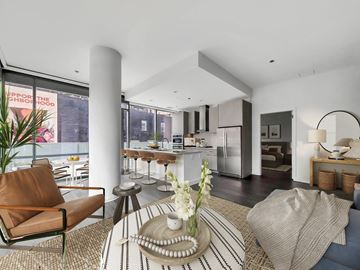 Chicago apartment for rent - a living room with a table and chairs and a kitchen
