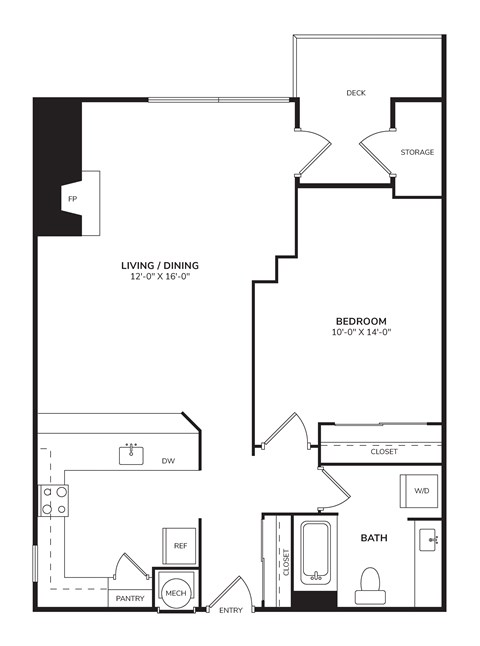 Floor plan for 1 bed, 1 bath, 720 sqft