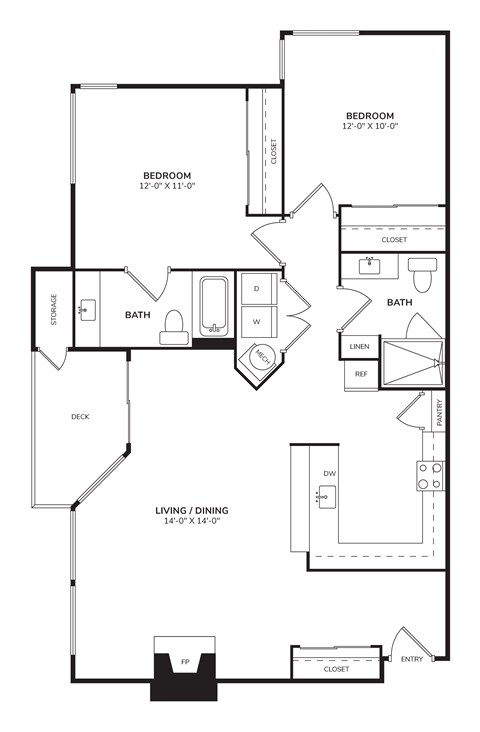 Floor plan for 2 beds, 2 baths, 965 sqft