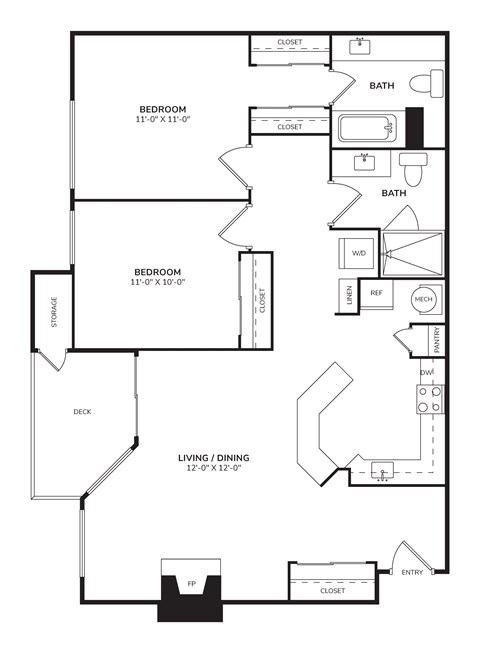 Floor plan for 2 beds, 2 baths, 925 sqft