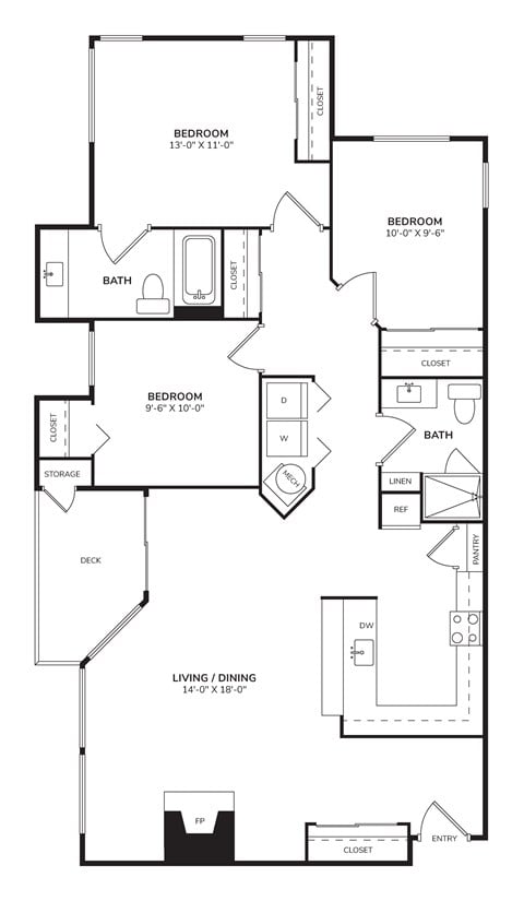 Floor plan for 3 beds, 2 baths, 1165 sqft