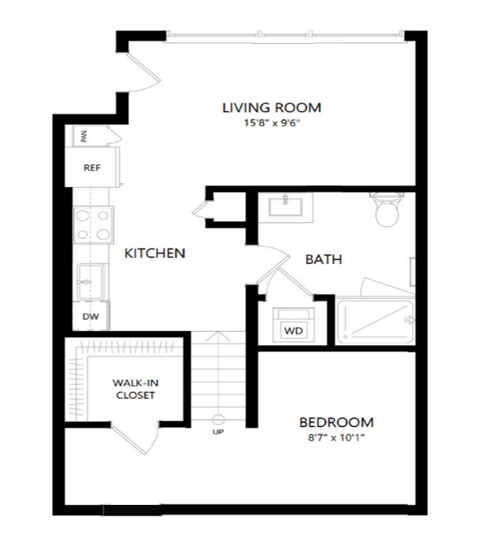 Floor plan for 1 bed, 1 bath, 633 sqft