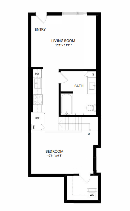 Floor plan for 1 bed, 1 bath, 670 sqft