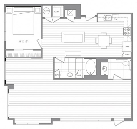 Floor plan for 1 bed, 1 bath, 1206 sqft